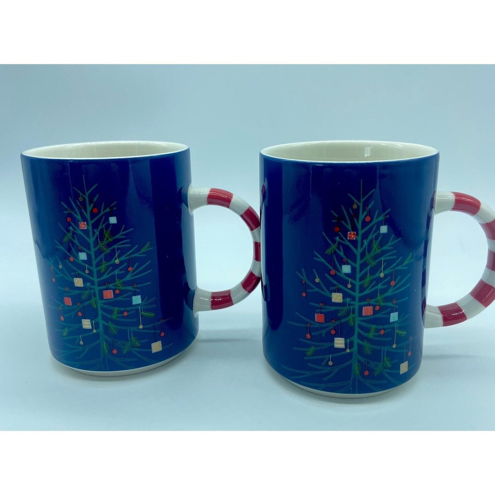 Starbucks Holiday Mug Set Of 2 Blue Christmas Tree Candy Cane Stripe Handle 12oz
